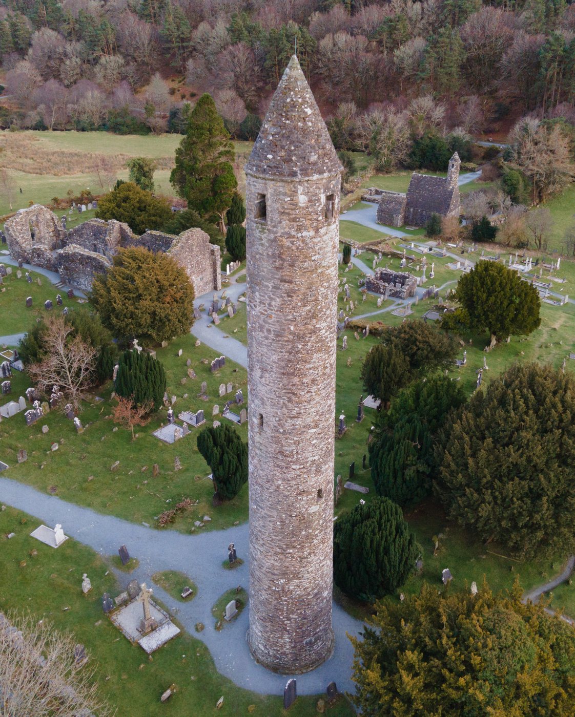 Glendalough round tower and monastic grounds