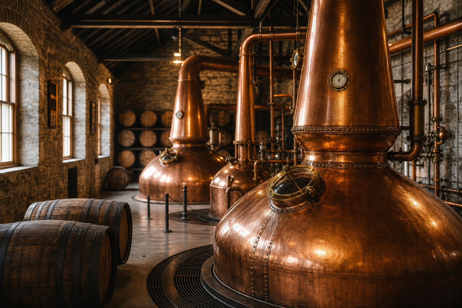 Copper pot stills and oak casks in an Irish whiskey distillery